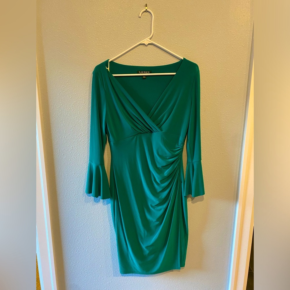 Ralph Lauren women’s fitted dress with ruching and flutter sleeves.